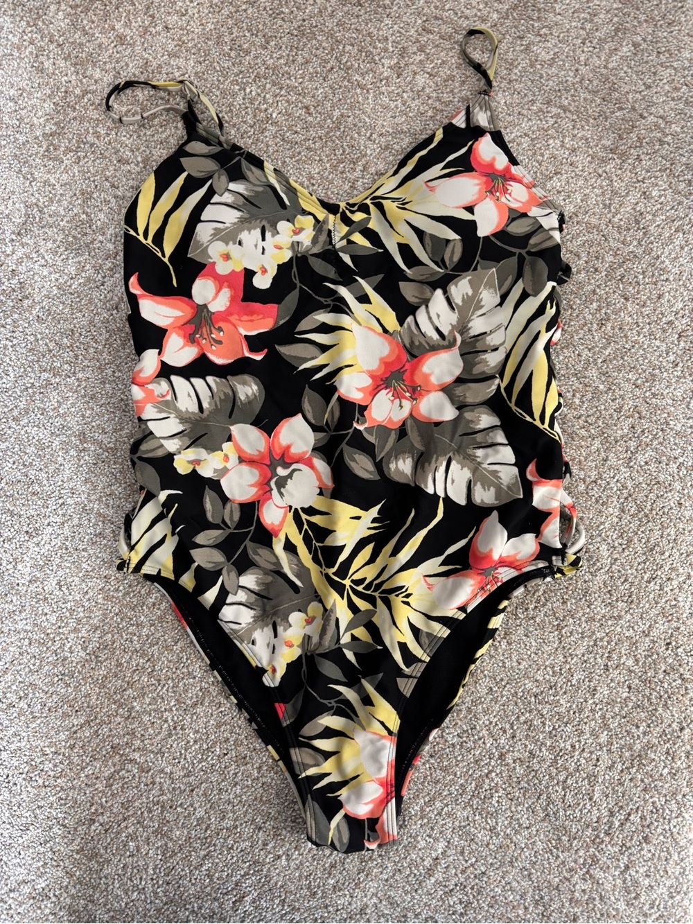 Hollister Black One-Piece Swimsuit with Coral and Yellow Floral Print